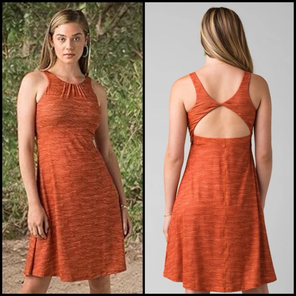 PrAna Skypath Dress‎ XS Orange Athletic Built In Bra Cutout Back Midi Stretch